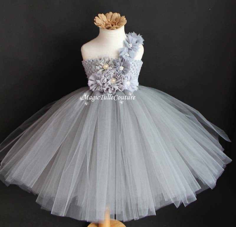 Grey Flower Girl Tutu Dress for Weddings and Birthday Photoshoot, Toddler Tutu Dress, Magictullecouture