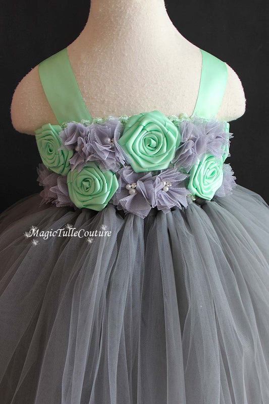 Mint and Grey Flower Girl Tutu Dress for Weddings and Birthday Photoshoot, Toddler Tutu Dress, Magictullecouture