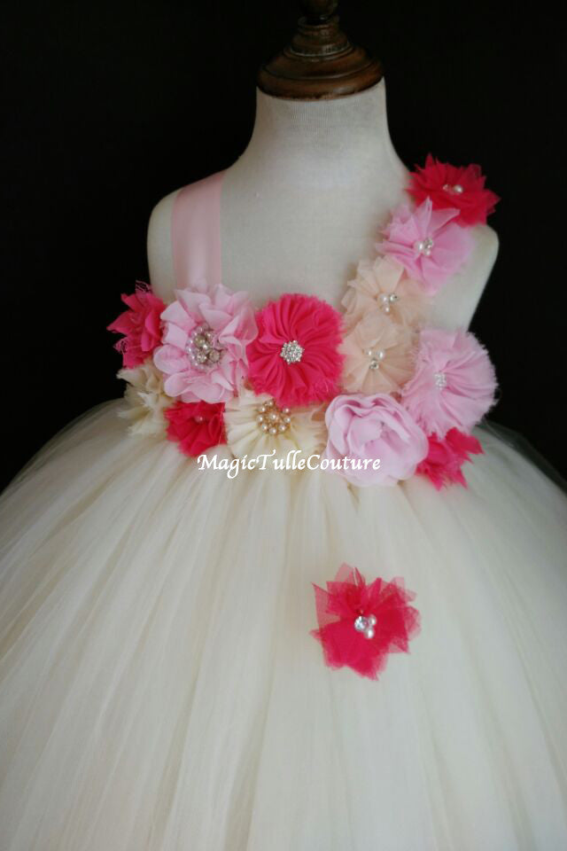 Hot Pink and Ivory Flower Girl Dress Tulle Dress Wedding Dress Toddler Dress
