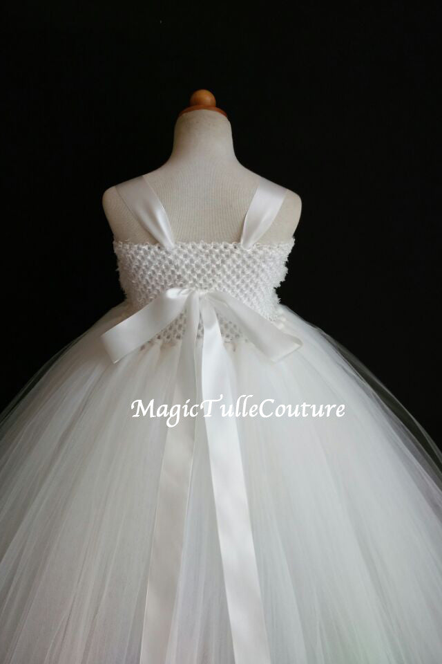 Off-white Flower Girl Dress-3 rows flowers- Tulle Dress Wedding Dress Toddler Dress