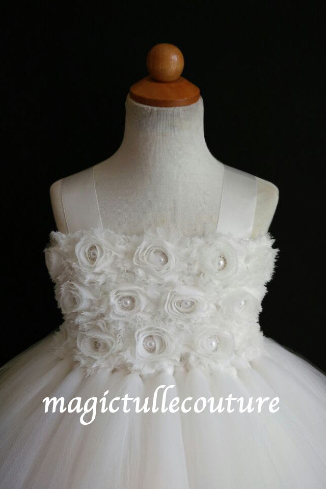 Off-white Flower Girl Dress-3 rows flowers- Tulle Dress Wedding Dress Toddler Dress