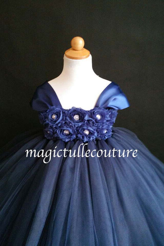 Navy Blue Flower Girl Tutu Dress for Weddings and Birthday Photoshoot, Cap Sleeves, Toddler Tutu Dress, Magictullecouture