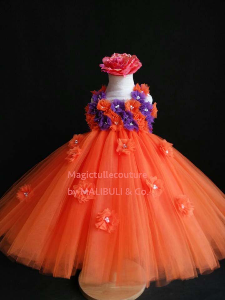Orange and Purple Flower Girl Tutu Dress for Weddings and Birthday Photoshoot, Toddler Tutu Dress, Magictullecouture