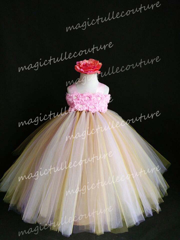 Pink and Gold Flower Girl Tutu Dress for Weddings and Birthday Photoshoot, Toddler Tutu Dress, Magictullecouture