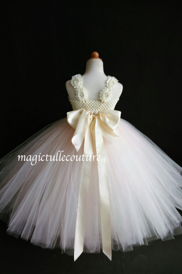 Ivory and Blush Flower Girl Tutu Dress-with  matching headpiece-With Big Bow- Wedding Dress Pageant Dress Toddler Dress Tulle Dress Satin Straps