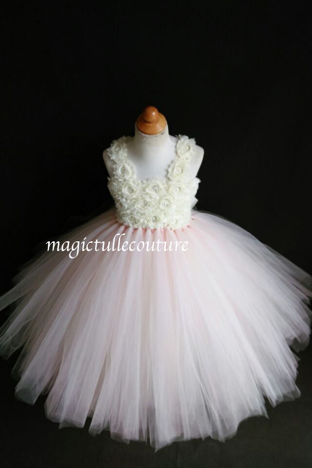Ivory and Blush Flower Girl Tutu Dress-with  matching headpiece-With Big Bow- Wedding Dress Pageant Dress Toddler Dress Tulle Dress Satin Straps