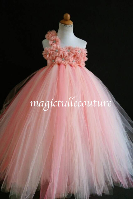 Pink Coral and Ivory Flower Girl Dress Tulle Dress Wedding Dress Toddler Dress