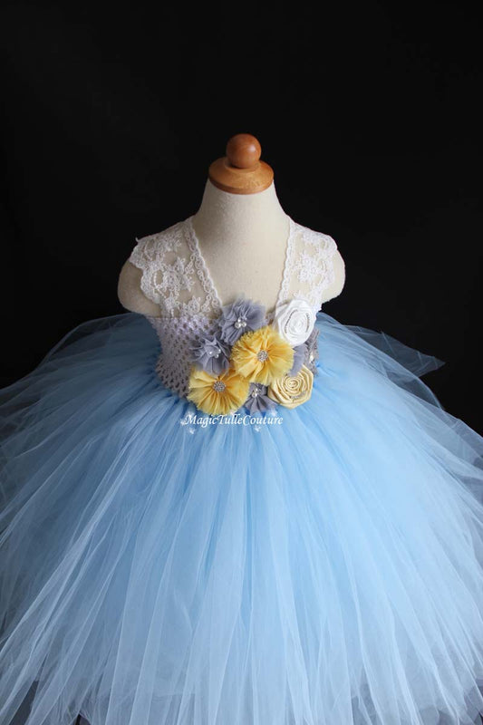 Yellow Grey and Blue Flower Girl Tutu Dress for Weddings and Birthday Photoshoot, Lace Straps, Toddler Tutu Dress, Magictullecouture