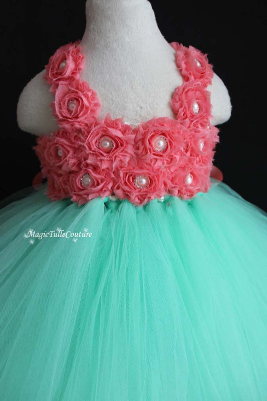 Mint and Coral Flower Girl Tutu Dress for Weddings and Birthday Photoshoot, Toddler Tutu Dress, Magictullecouture
