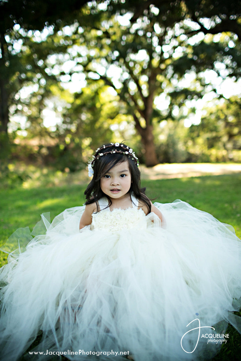 Ivory Flower Girl Tutu Dress Satin Straps-Wedding Dress Pageant Dress Toddler Dress Tulle Dress