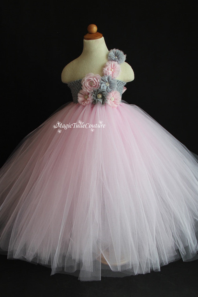 Lt. Pink and mixed grey silver vintage flower girl tutu dress wedding dress tulle dress birthday dress tea party dress