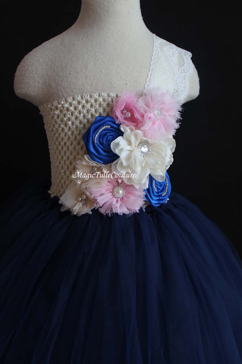 Pink Ivory and Navy Blue Flower Girl Tutu Dress for Weddings and Birthday Photoshoot, Toddler Tutu Dress, Magictullecouture