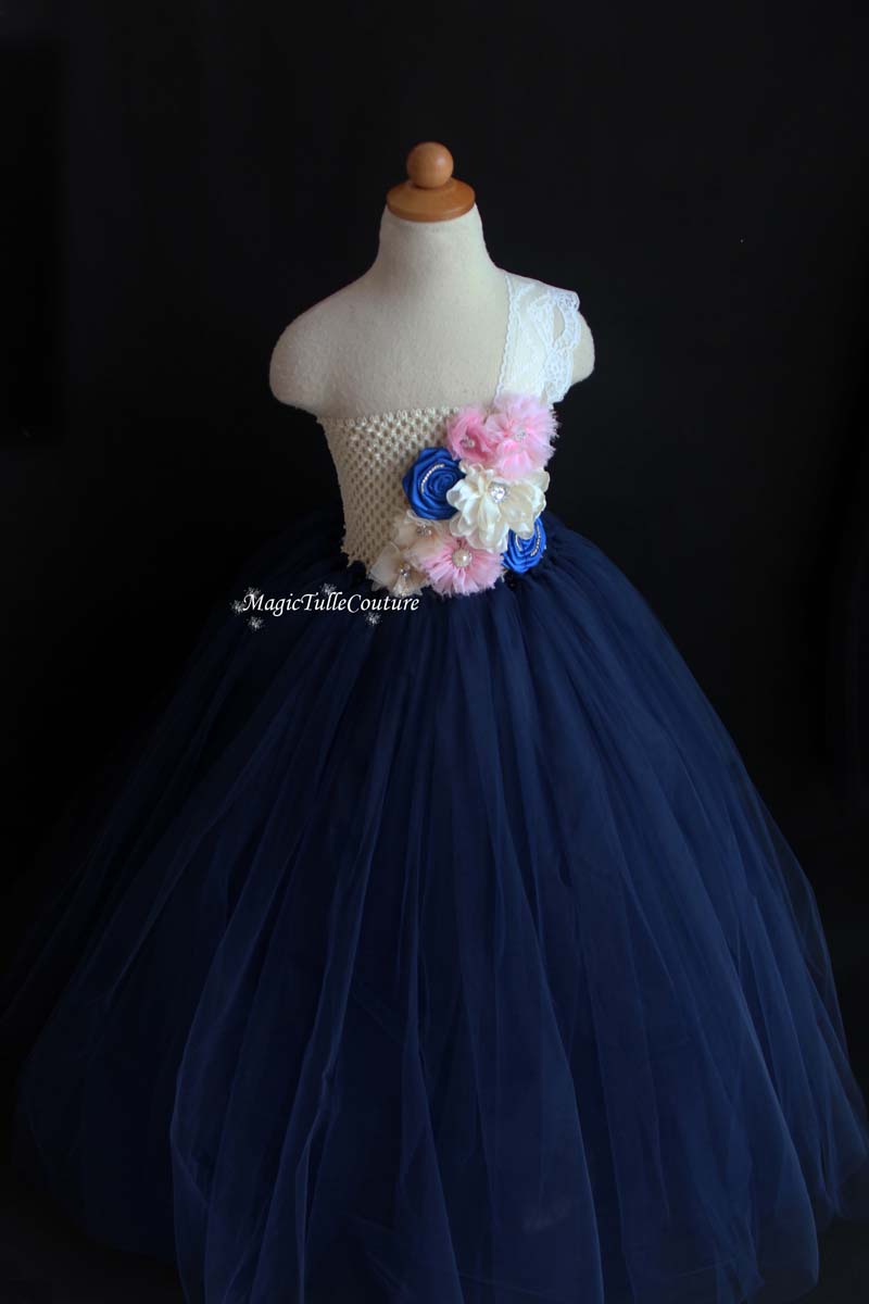 Pink Ivory and Navy Blue Flower Girl Tutu Dress for Weddings and Birthday Photoshoot, Toddler Tutu Dress, Magictullecouture