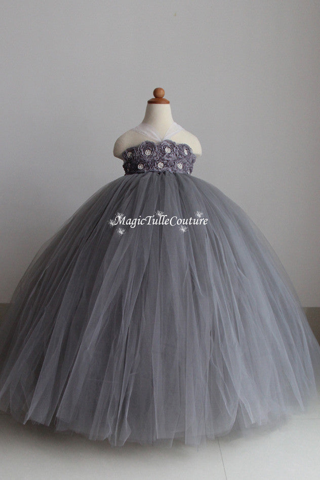 Grey Flower Girl Dress-2 rows flower- Tulle Dress Wedding Dress Toddler Dress