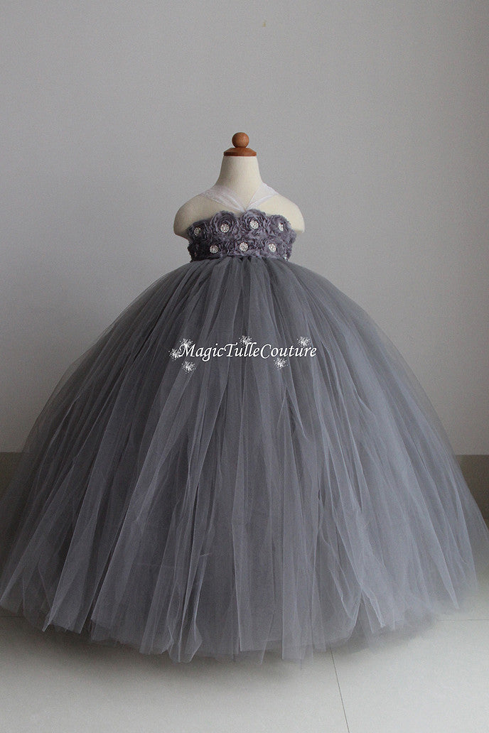 Grey Flower Girl Dress-2 rows flower- Tulle Dress Wedding Dress Toddler Dress