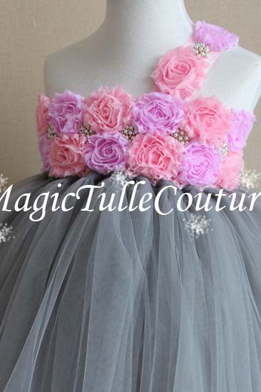 Pink and Grey Flower Girl Tutu Dress for Weddings and Birthday Photoshoot, Toddler Tutu Dress, Magictullecouture