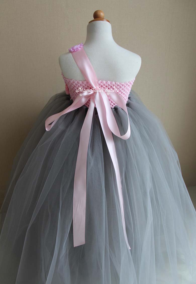 Pink and Grey Flower Girl Tutu Dress for Weddings and Birthday Photoshoot, Toddler Tutu Dress, Magictullecouture
