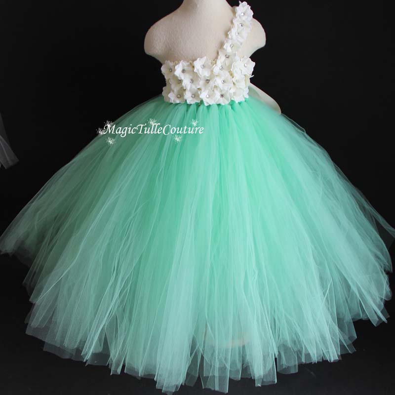 Ivory and Mint Hydrangea Flower Girl Tutu Dress for Weddings and Birthday Photoshoot, Toddler Tutu Dress, Magictullecouture