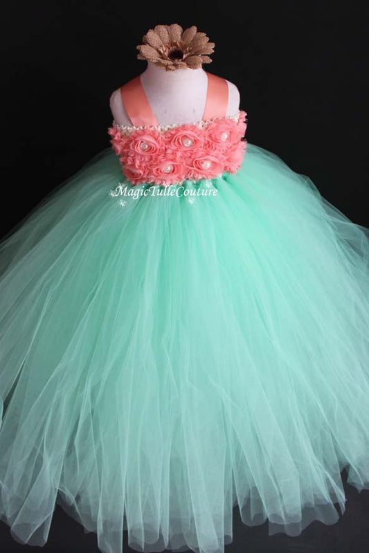 Mint and Peach Flower Girl Tutu Dress for Weddings and Birthday Photoshoot, Toddler Tutu Dress, Magictullecouture