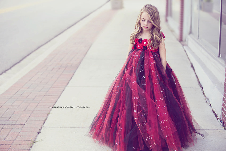 Black and Red Flower Girl Dress-Glitter Tulle Dress Wedding Dress Toddler Dress