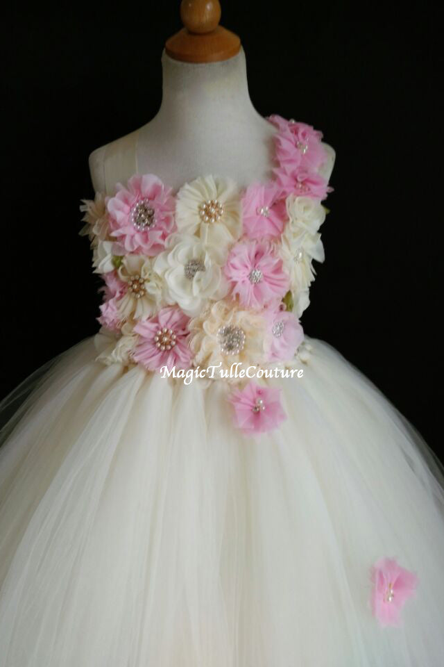 Lt. Pink and Ivory Flower Girl Dress-With Big Bow Back-Color can be customized- Tulle Dress Wedding Dress Toddler Dress