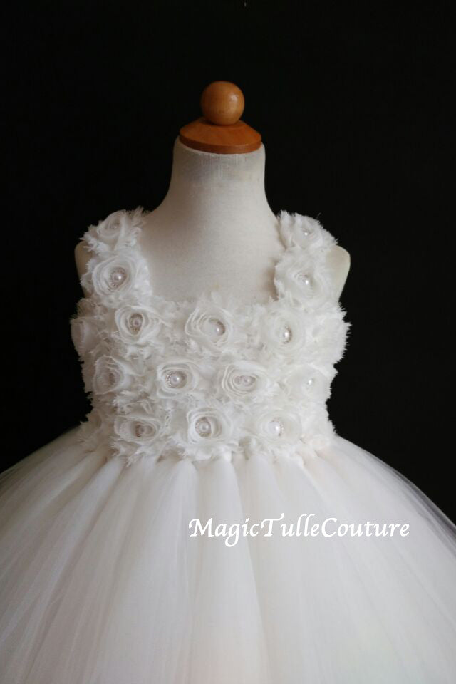 Off-white Flower Girl Tutu Dress  Wedding Dress Pageant Dress Toddler Dress Tulle Dress Satin Straps