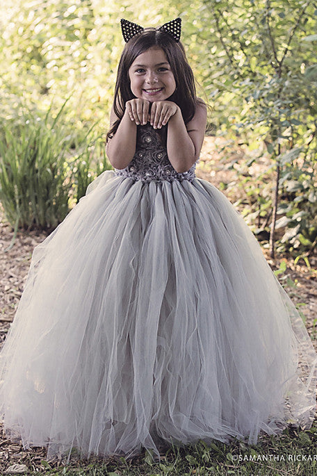 Grey Flower Girl Dress-3 rows flowers- Tulle Dress Wedding Dress Toddler Dress