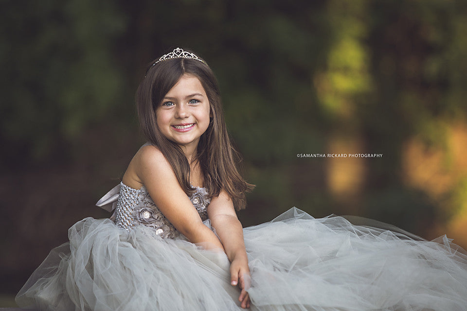 Grey Flower Girl Dress-3 rows flowers- Tulle Dress Wedding Dress Toddler Dress