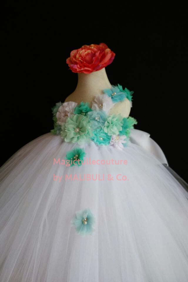 White and Mint Flower Girl Tutu Dress for Weddings and Birthday Photoshoot, Toddler Tutu Dress, Magictullecouture