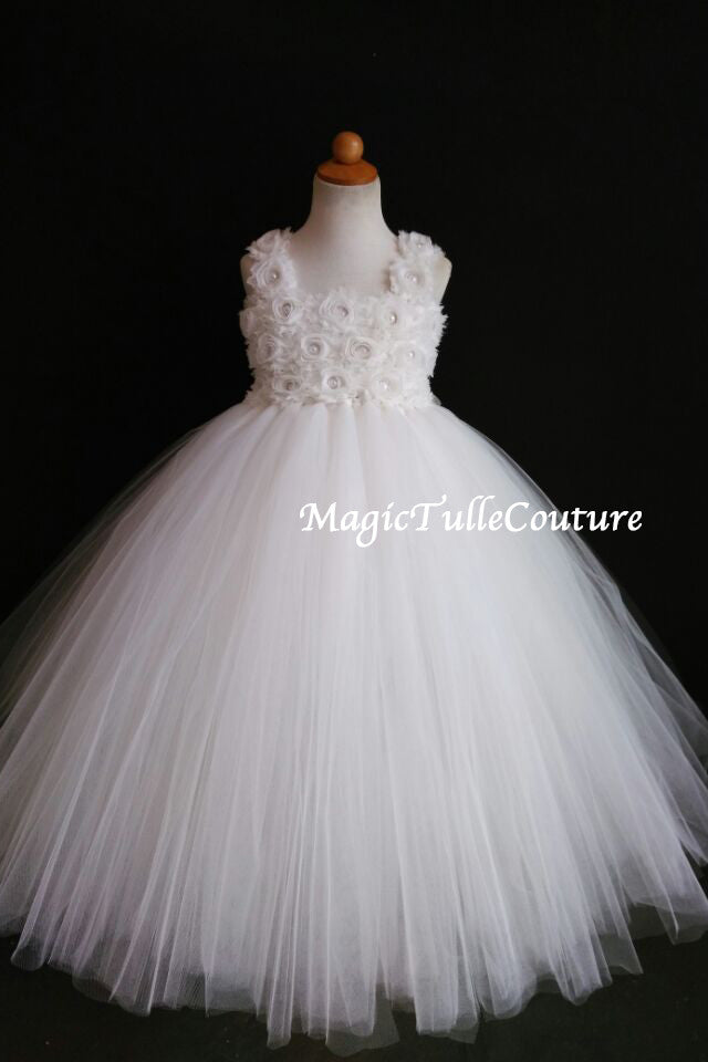 Off-white Flower Girl Tutu Dress  Wedding Dress Pageant Dress Toddler Dress Tulle Dress Satin Straps