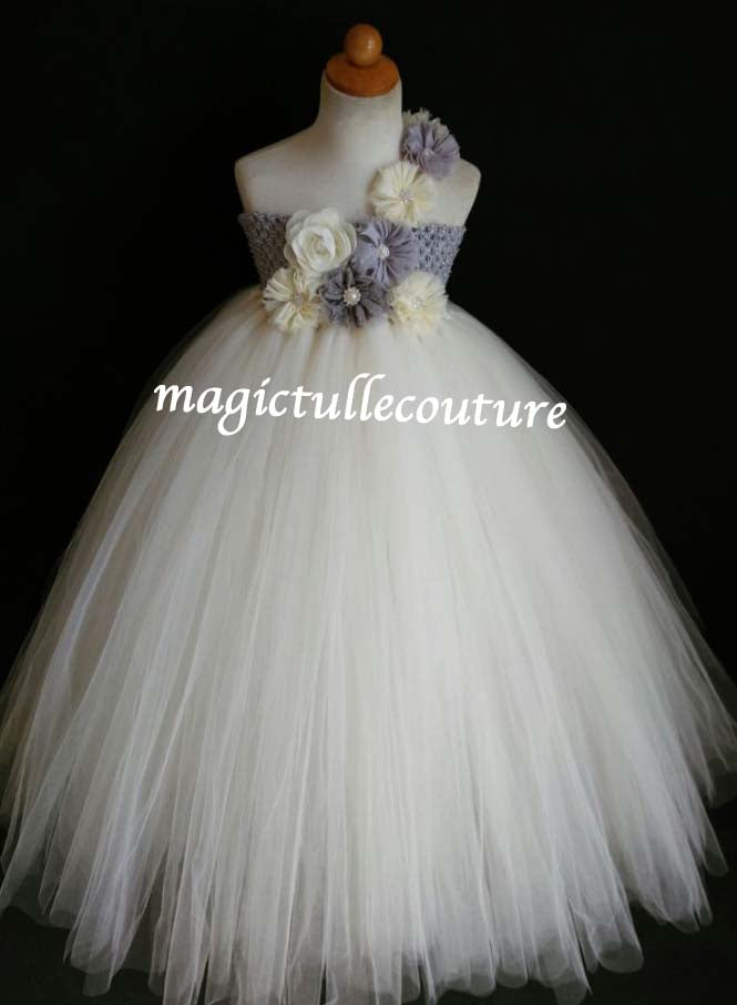 Ivory and Grey Flower Girl Tutu Dress for Weddings and Birthday Photoshoot, Toddler Tutu Dress, Magictullecouture