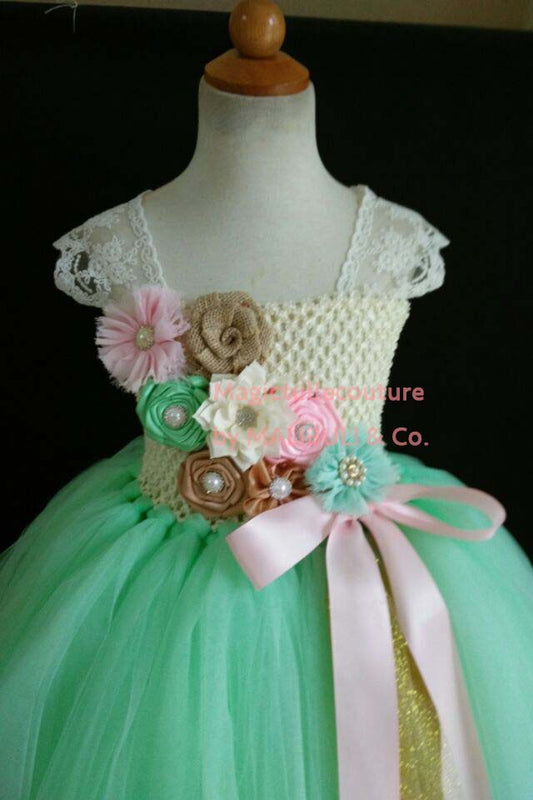 Mint Pink and Gold Flower Girl Tutu Dress for Weddings and Birthday Photoshoot, Toddler Tutu Dress, Magictullecouture