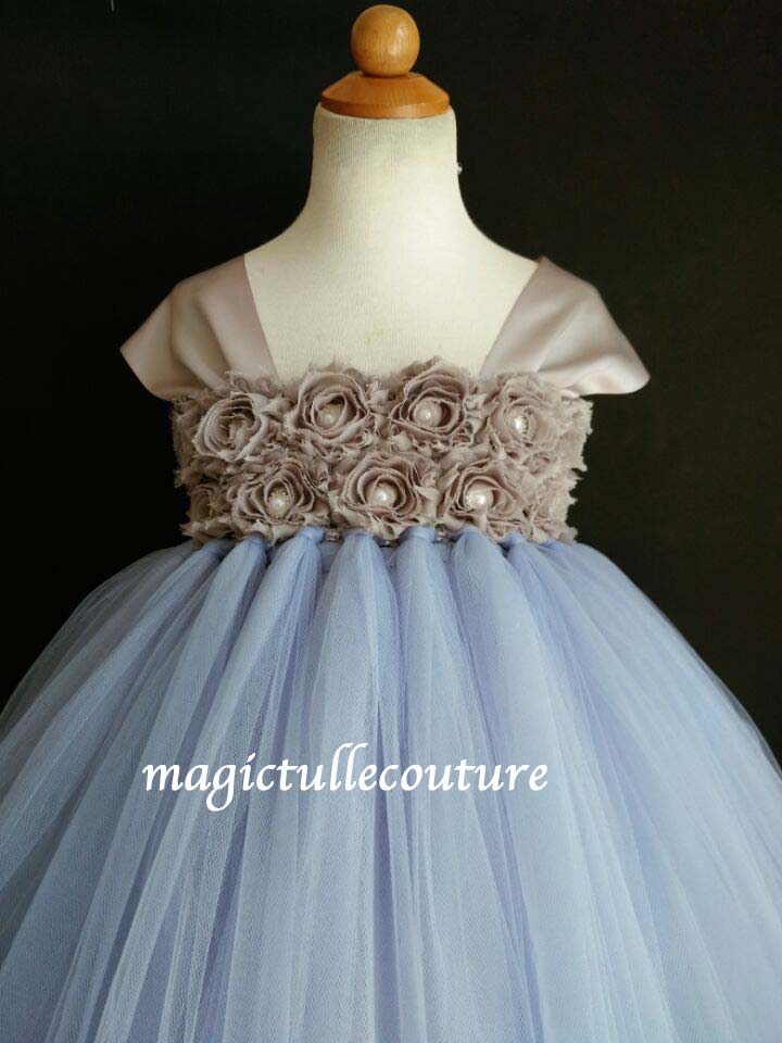 Blue and Grey Flower Girl Tutu Dress for Weddings and Birthday Photoshoot, Toddler Tutu Dress, Magictullecouture