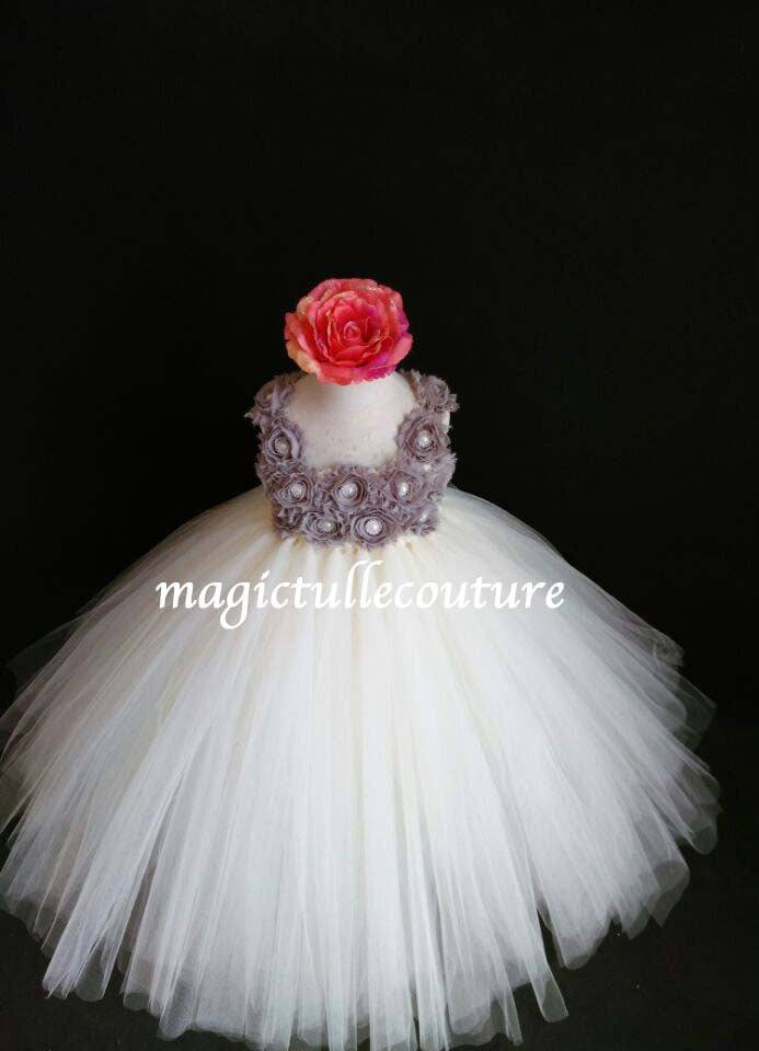 Ivory and Grey Flower Girl Tutu Dress for Weddings and Birthday Photoshoot, Toddler Tutu Dress, Magictullecouture