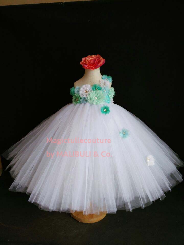 White and Mint Flower Girl Tutu Dress for Weddings and Birthday Photoshoot, Toddler Tutu Dress, Magictullecouture