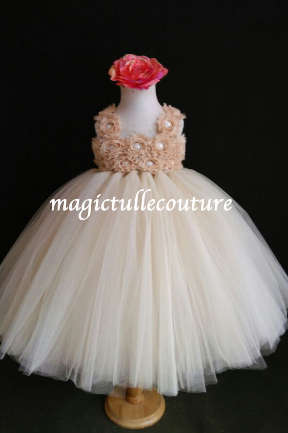 Champagne Flower Girl Tutu Dress Flower Straps-Wedding Dress Birthday Dress Toddler Dress Tulle Dress