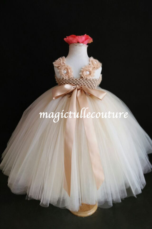 Champagne Flower Girl Tutu Dress Flower Straps-Wedding Dress Birthday Dress Toddler Dress Tulle Dress