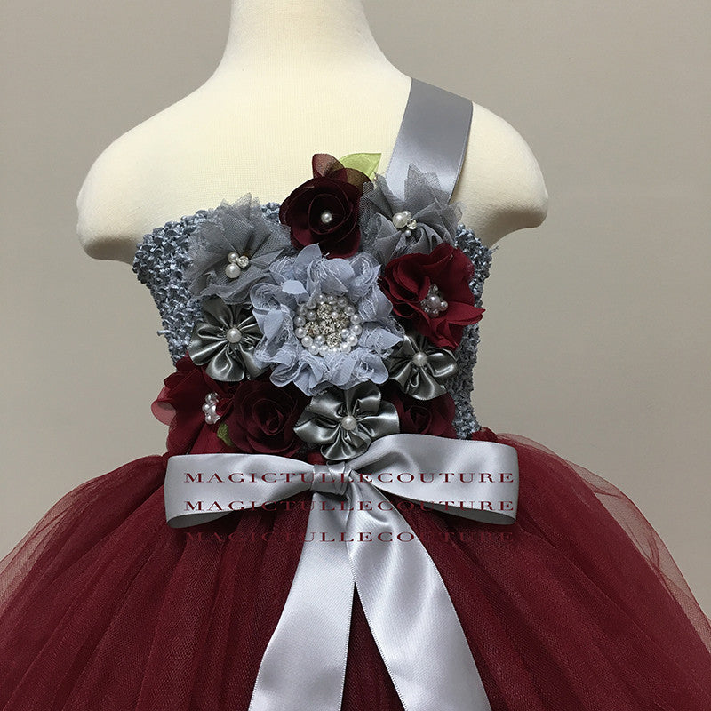 Burgundy and Grey Flower Girl Dress-Color can be customized- Tulle Dress Wedding Dress Toddler Dress