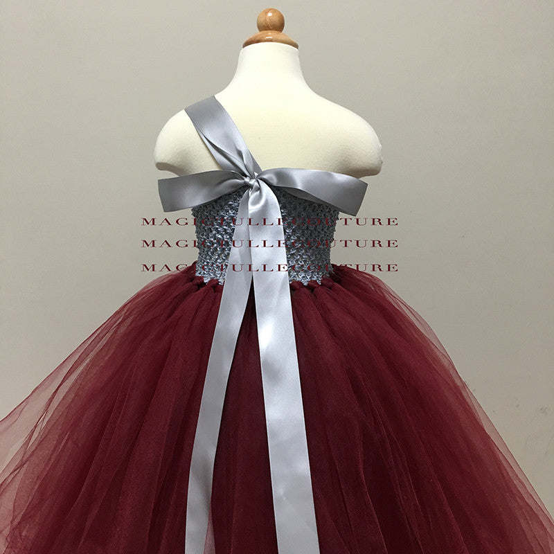 Burgundy and Grey Flower Girl Dress-Color can be customized- Tulle Dress Wedding Dress Toddler Dress
