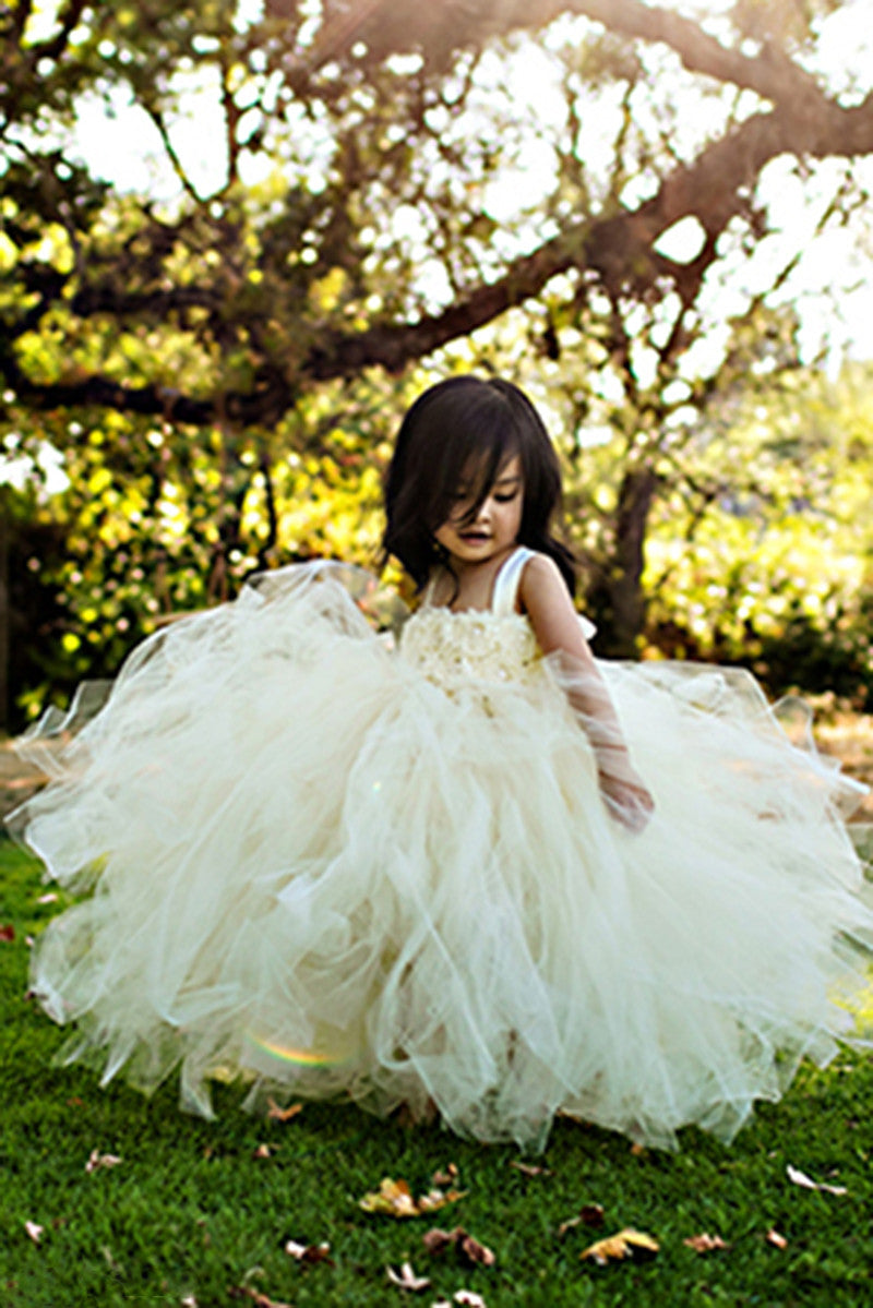 Ivory Flower Girl Tutu Dress-with slip and matching headpiece-Satin Straps-Wedding Dress Pageant Dress Toddler Dress Tulle Dress