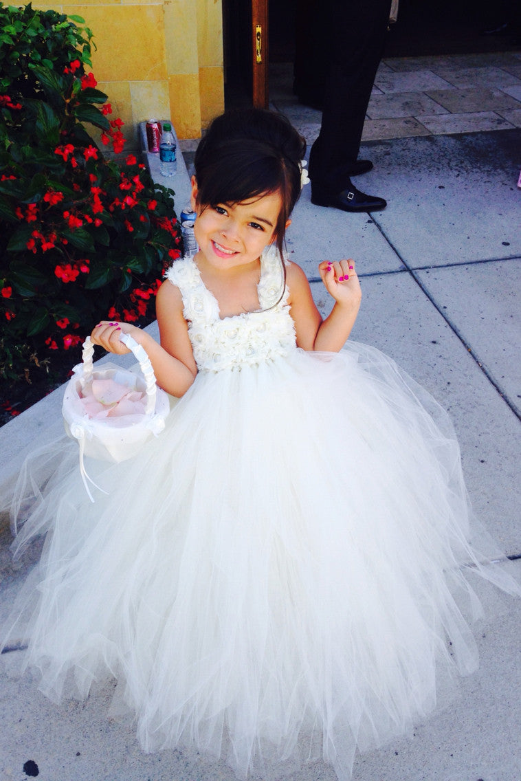 Ivory Flower Girl Tutu Dress-Flower Straps-Wedding Dress Pageant Dress Toddler Dress Tulle Dress
