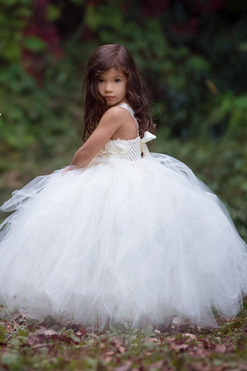 Ivory Flower Girl Tutu Dress 3 Rows Flowers-Wedding Dress Pageant Dress Toddler Dress Tulle Dress