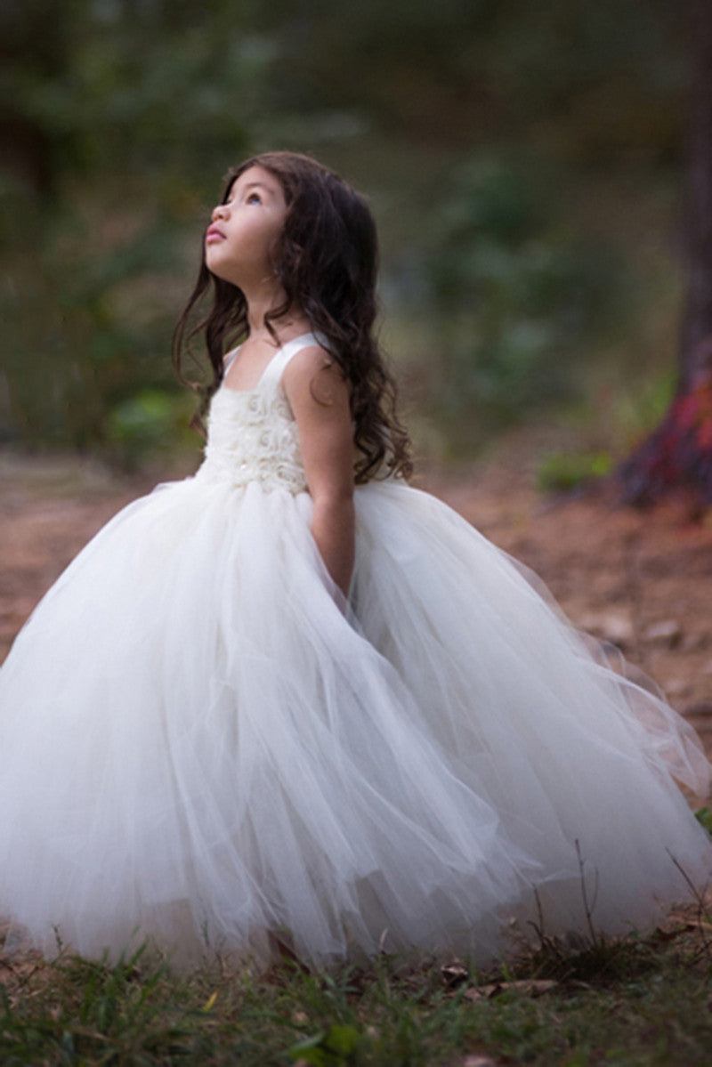 Ivory Flower Girl Tutu Dress 3 Rows Flowers-Wedding Dress Pageant Dress Toddler Dress Tulle Dress